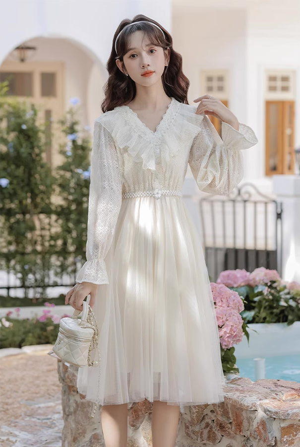 V-Neck Lace & Tulle Midi Dress Maxct