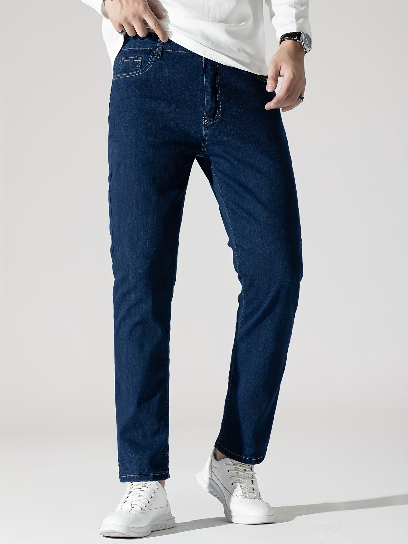 Men's High Stretch Jeans For Business, Slim Fit Denim Pants With Pockets For Spring Fall