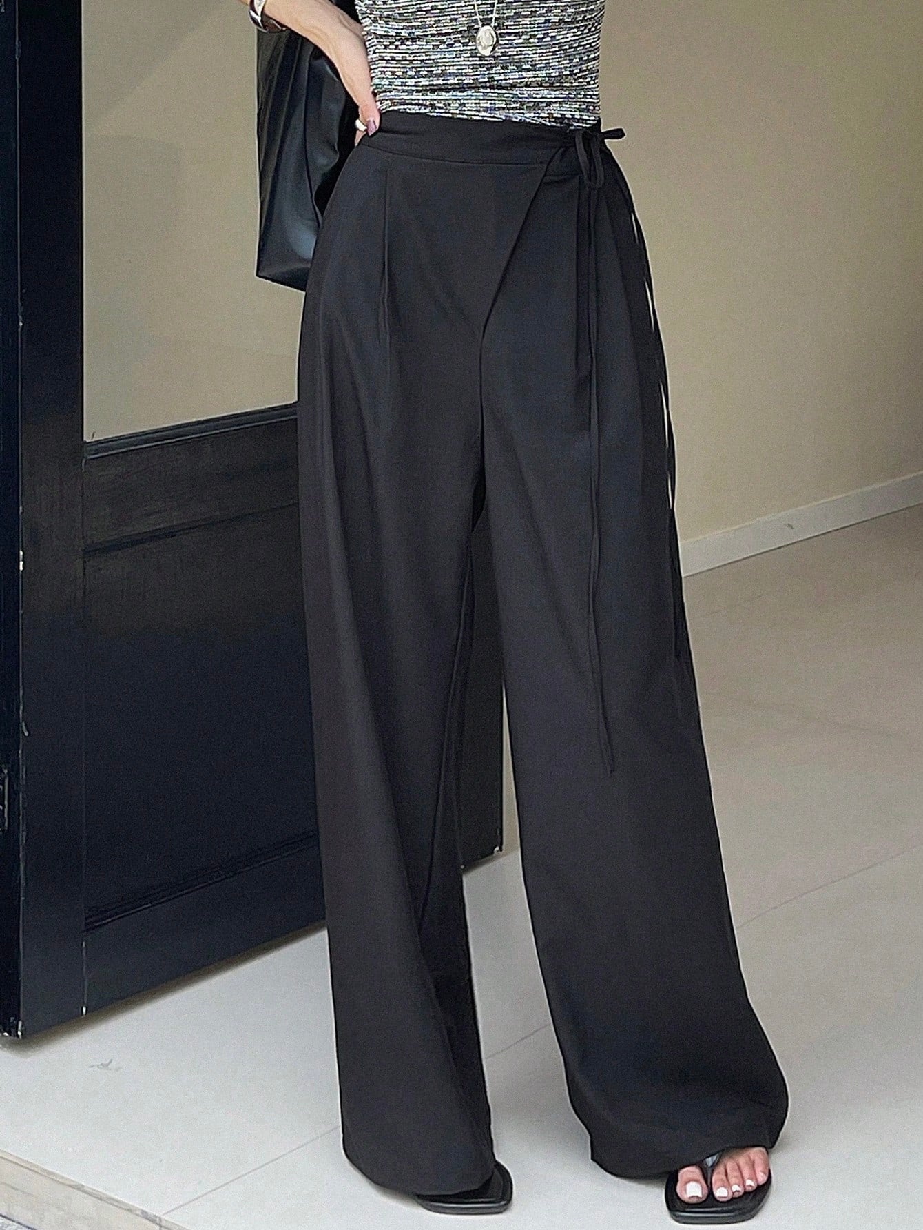 Maxct Solid Color Asymmetric Thin Strap Wide Leg Pants Women's Suit Trousers