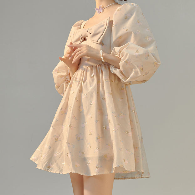 Puff Sleeve Bow Floral Jacquard Dress Maxct