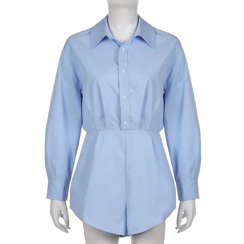 Autumn New Long Sleeves Shirt Playsuits For Women Loose Casual Patchwork High Waisted Pants Solid Rompers Female Outfits
