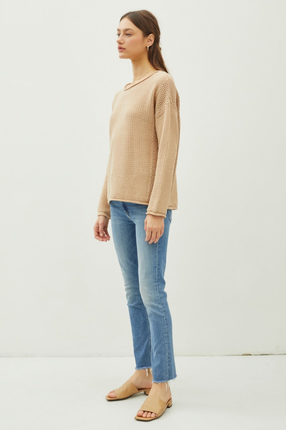 Maxct &Be Cool Rolled Openwork Round Neck Sweater