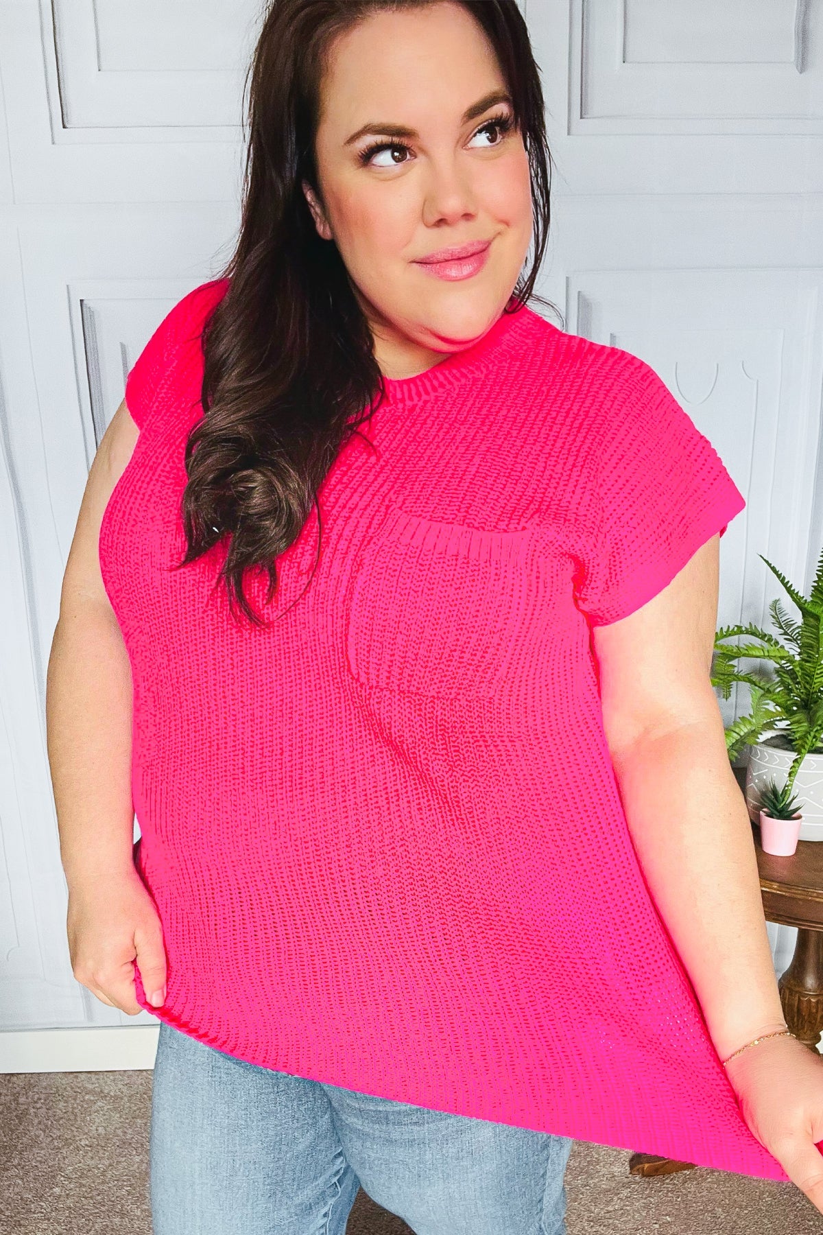 Maxct &Best In Bold Hot Pink Dolman Ribbed Knit Sweater Top