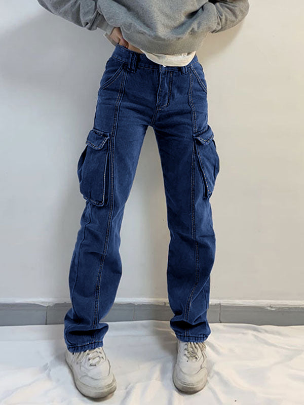 Washed Mid Waist Pocket Cargo Jeans Maxct