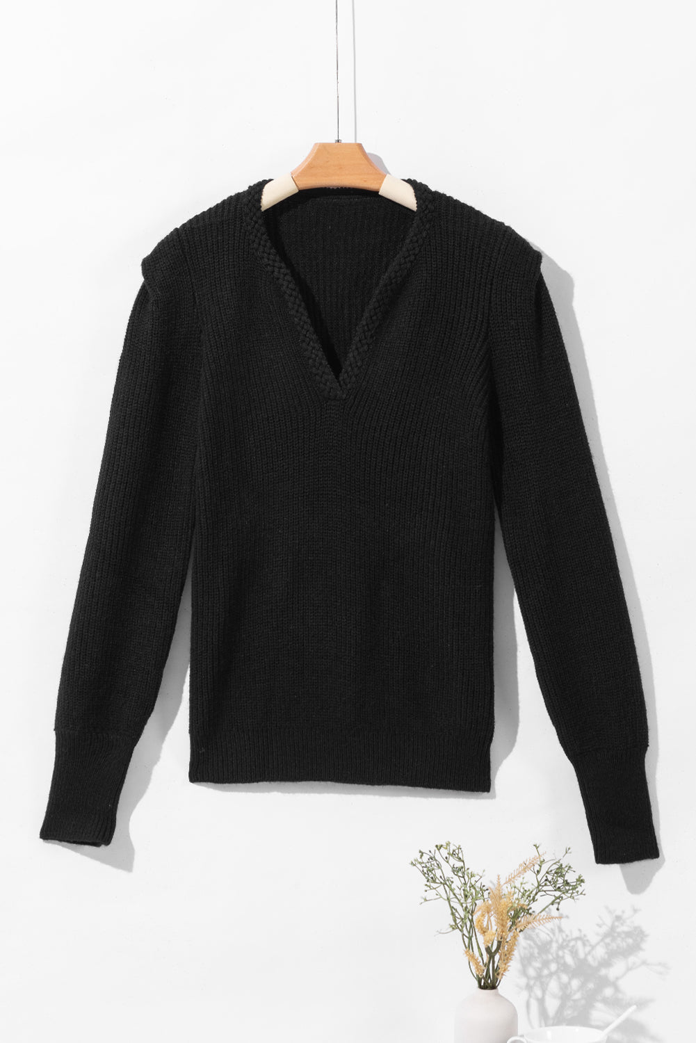 Maxct &Solid Color Notched Long Sleeve Sweater