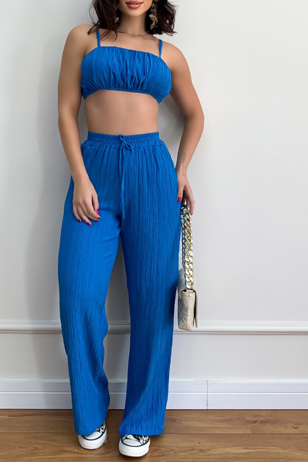Maxct-Pleated Smocked Vest Drawstring Long Pants Suits