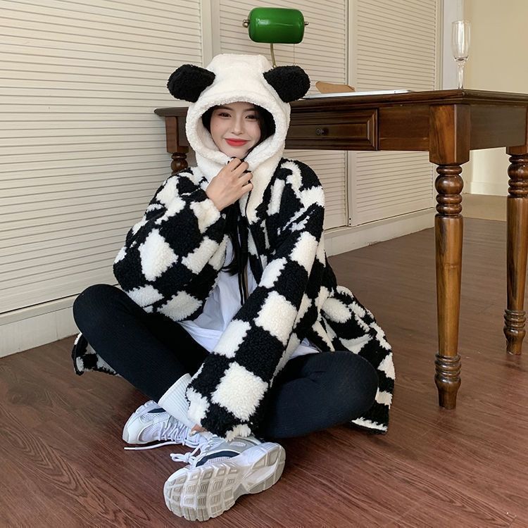 Checkered Cozy Bear Ears Zip-Up Hoodie for Women - true deals club