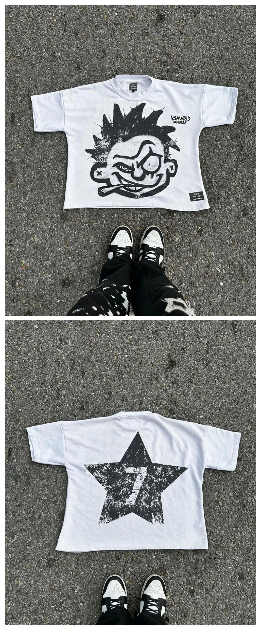 Maxct street fashion men streetwear Street T-shirt Men's Y2g Hip Hop Rock Cartoon Pattern Printed Sweatshirt Graffiti Graphic Oversized round Neck Short Sleeve