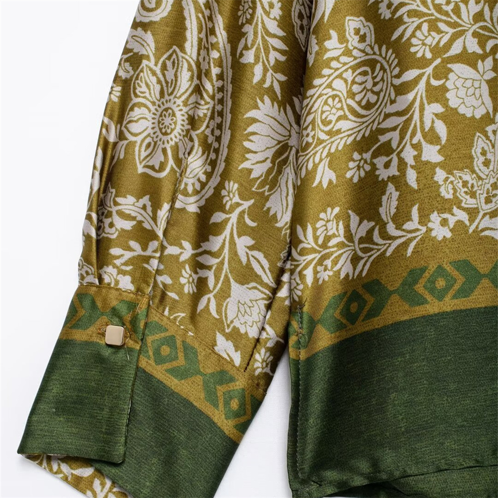 Autumn New Women's Fashion Versatile Collar Long Sleeve Shirt Silk Texture Printed Pants Casual Set