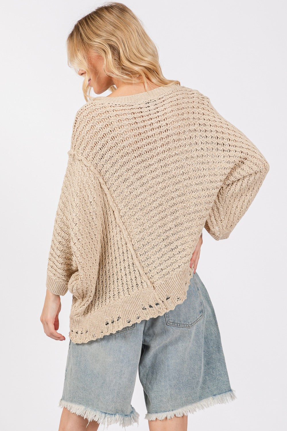 Maxct &SAGE + FIG Distressed Asymmetrical Open Stitch Sweater
