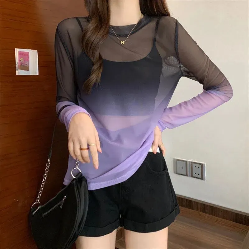 Maxct Sexy Hollow Out Backless T Shirts Women Gradient Ice Silk Loose Sunscreen Shirts Summer Gothic See Through Blouses Tops