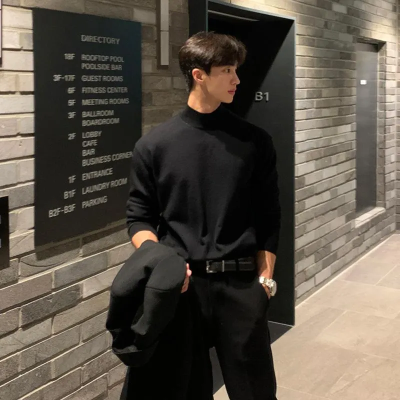 Maxct 90s Streetwear Autumn And Winter High-grade Semi-turtleneck Sweater Men's Korean-style Loose Casual Solid Color Middle Collar Knitted Base Shirt With Long Sleeves