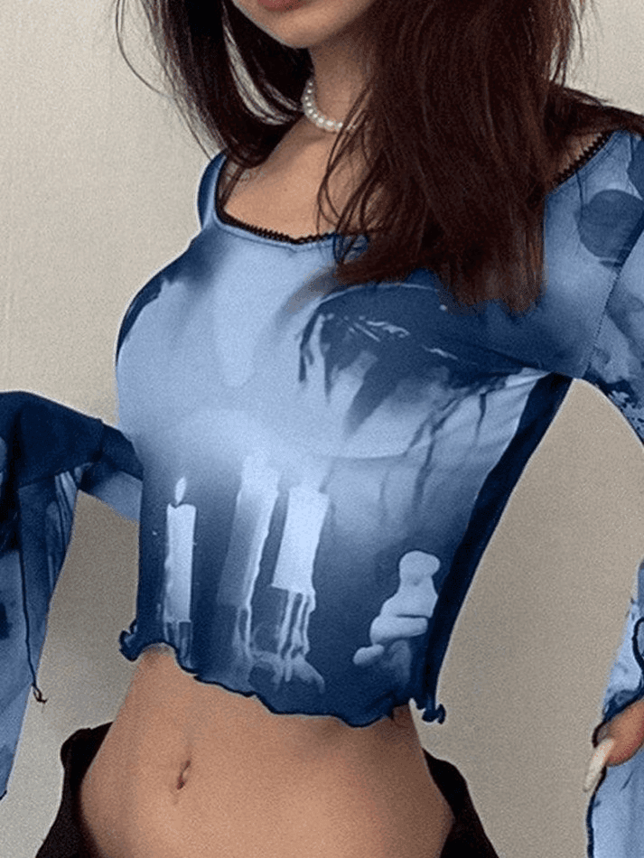 Maxct Cropped Flare Cuffs Mesh Blouse