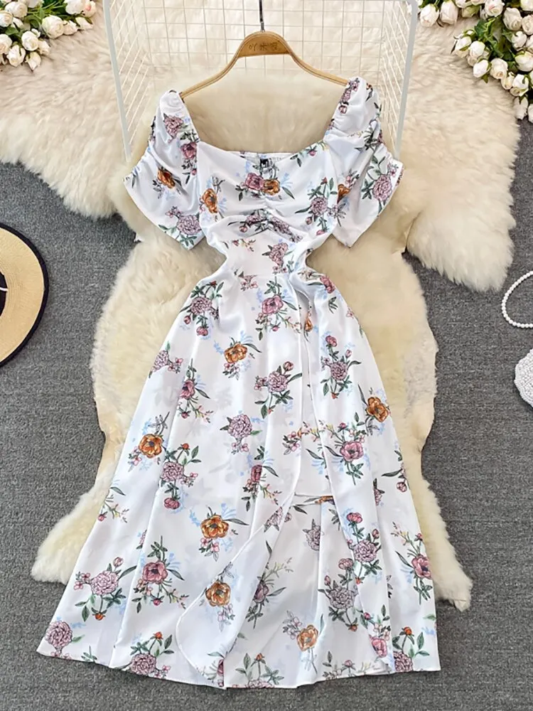 Vintage Women Printed Dresss Sexy Square Collar Short Puff Sleeve High Waist A-Line Vacation Beach Vestidos Female New