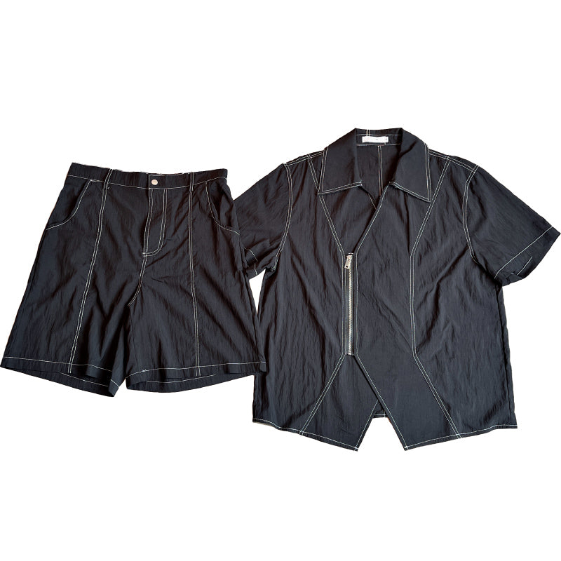 Maxct Summer Topstitched Zip Shirt Shorts Set