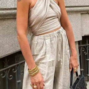 Maxct Linen Crisscross Halterneck Tank Pants Suits