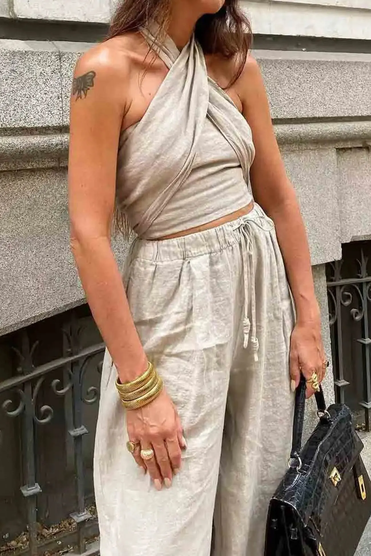 Maxct Linen Crisscross Halterneck Tank Pants Suits