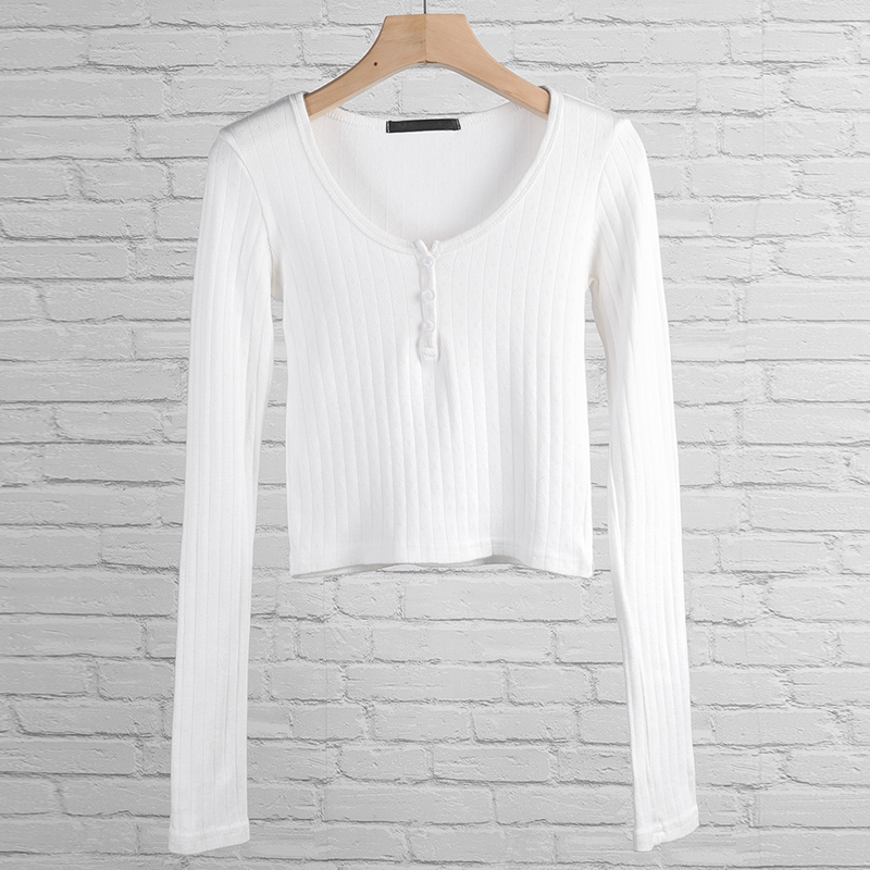 Chic Women Sweet Floral Hollow Out T-shirt Ribbed Cotton Long Sleeve Basic Tees Autumn Button Up Slim Fit Crop Top Clothes