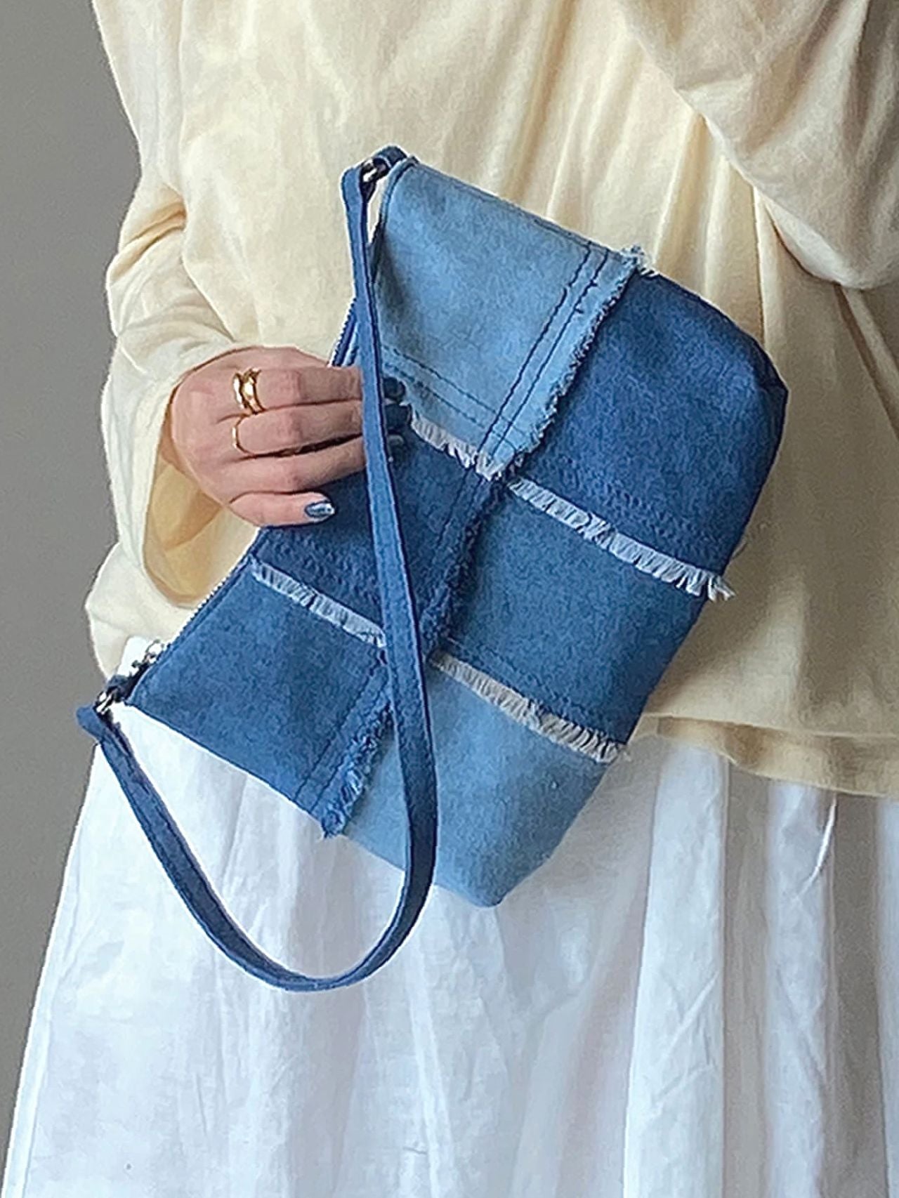 Bag For Love - Denim Raw Trim Baguette Bag  - Women Maxct Bags