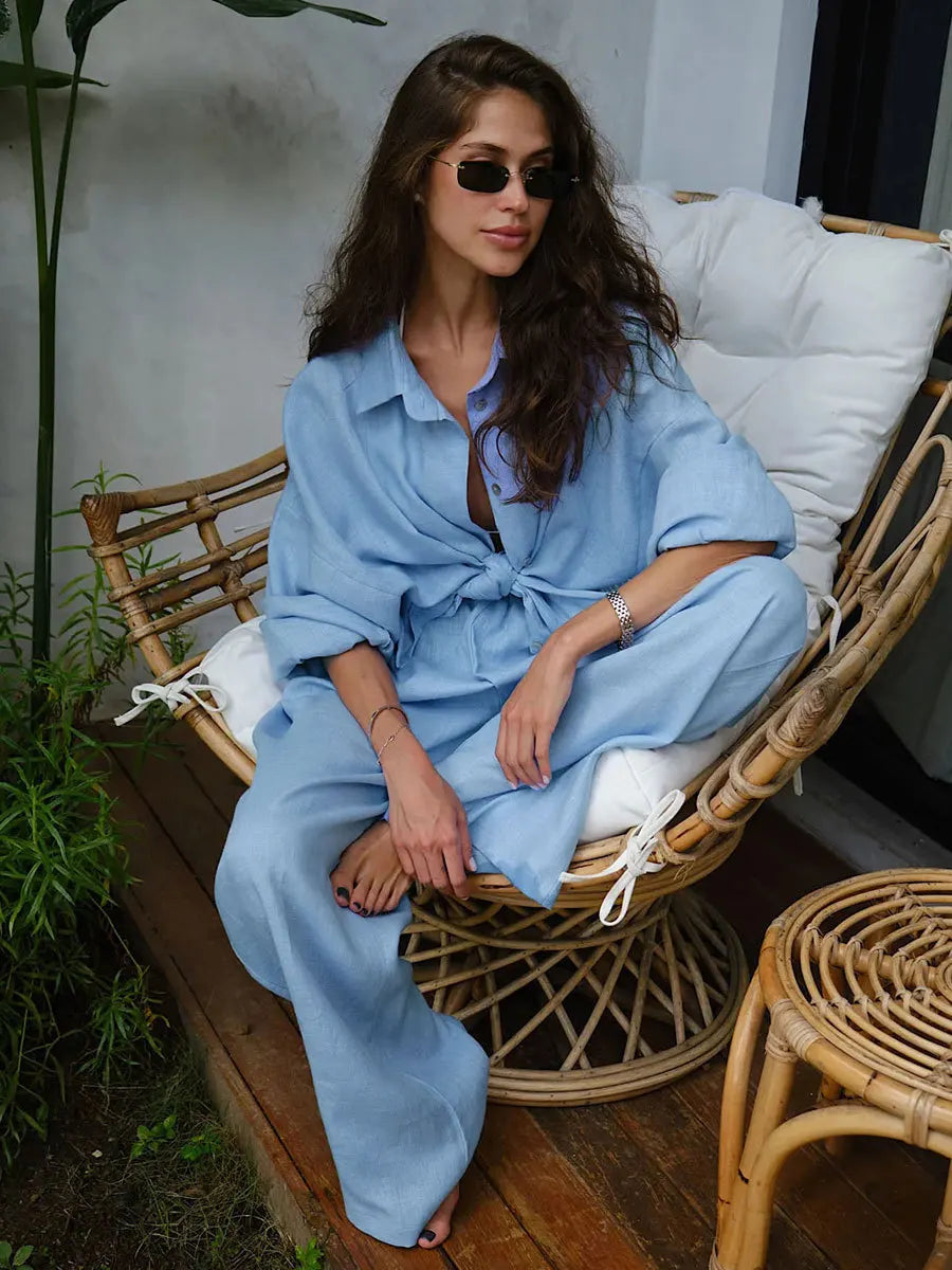Maxct White Casual Cotton Linen Trousers Suit Women's Loose Long Sleeve Shirt Top Elastic Waist Pants Female Outfits Autumn New