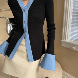 Maxct Denim Panel Bell Sleeve Knit Sweater
