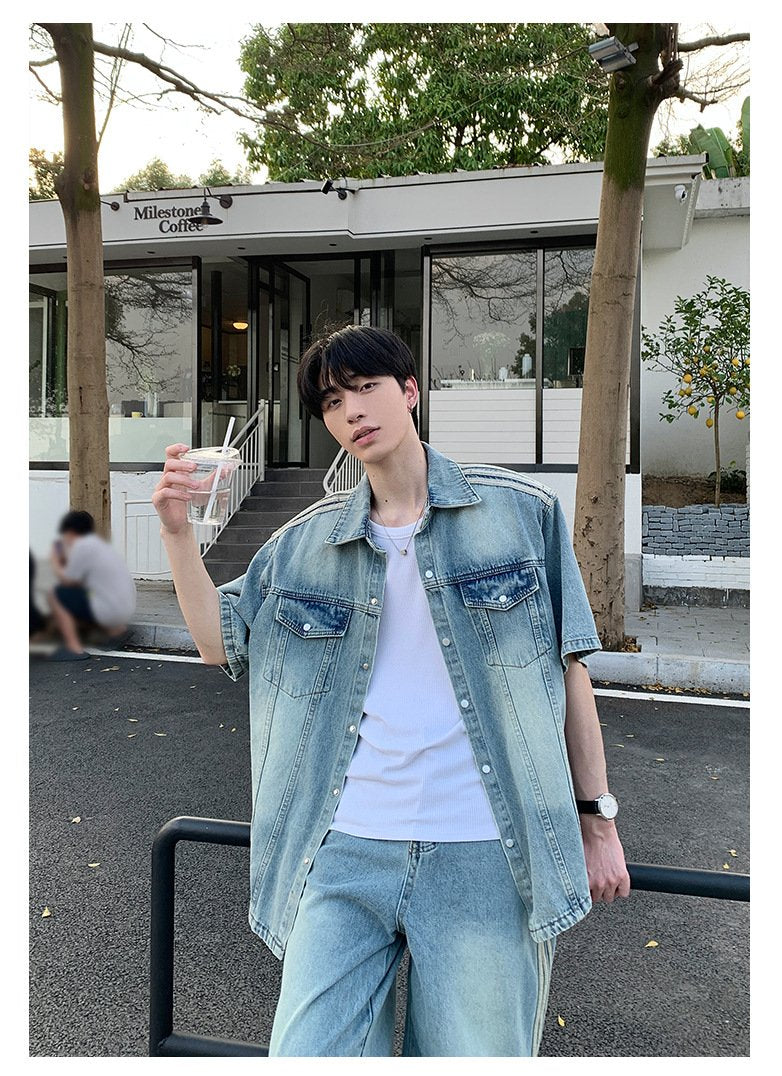 Maxct 90s Streetwear Niche Vintage Washed Padded Shoulder Short Sleeve Denim Shirt Spring And Summer New Korean Style Design Sense Shirt Coat Top - Image 11