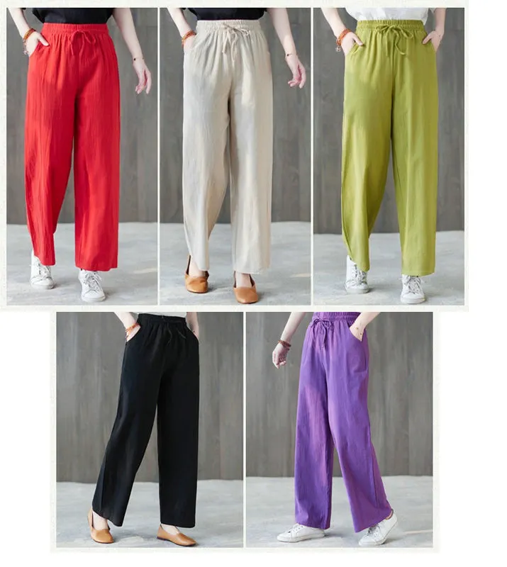 Cotton Linen Elastic Waist Colors Wide Leg Pants Maxct