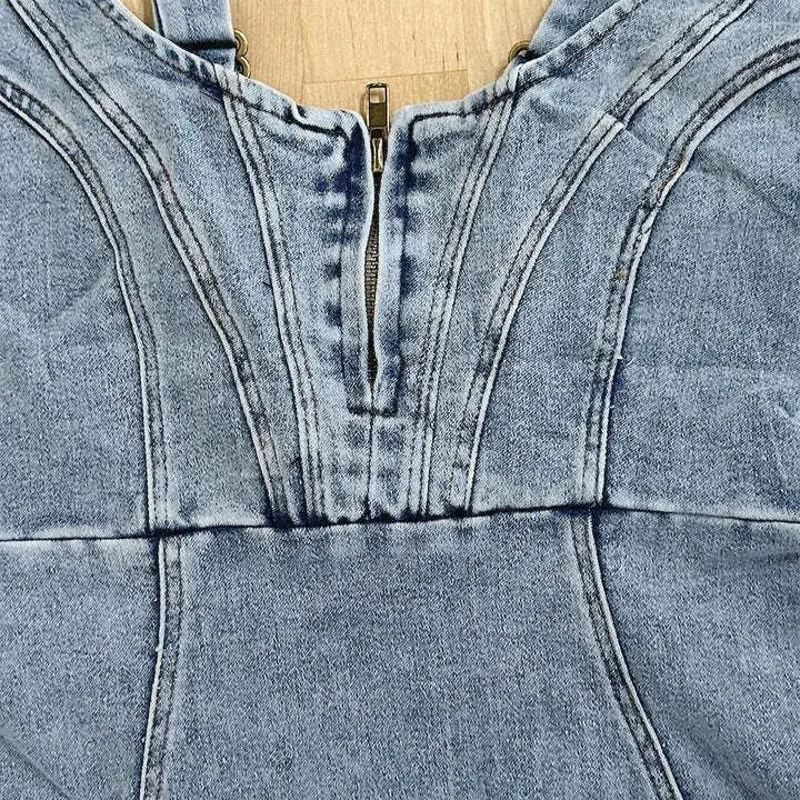 U-Neck Suspender Dress With Distressed Denim Slits Maxct