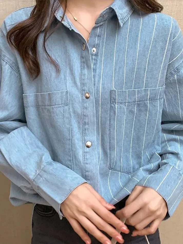 Maxct Vintage Striped Splice Denim Blouses&Shirts