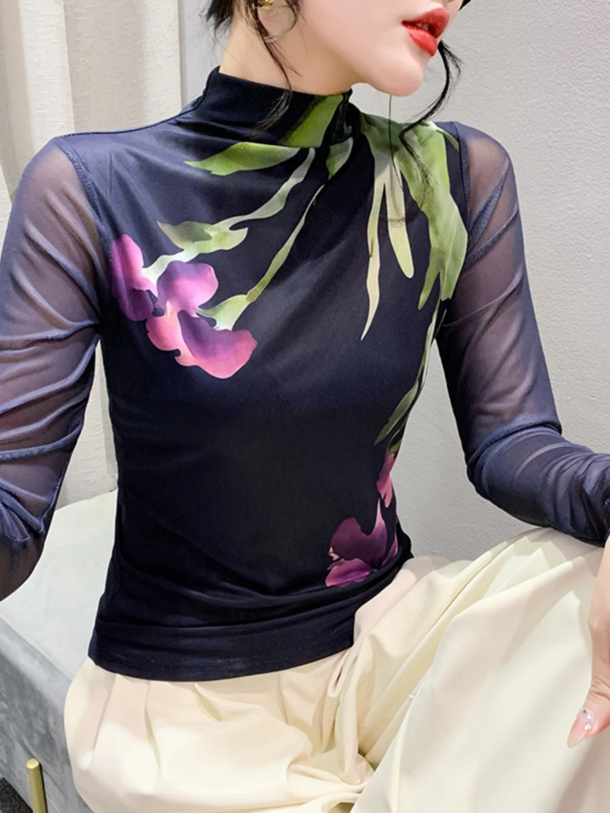 Maxct Printed Positioning Flower Double-Layer Mesh T-shirt Women Stretch Slim Full Sleeve Tees Tops HF8772