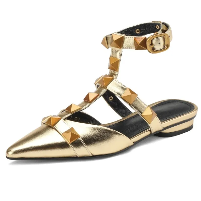 T Strap Rockstud Ankle-strap Flat Sandals Point Toe Slingback Maxct