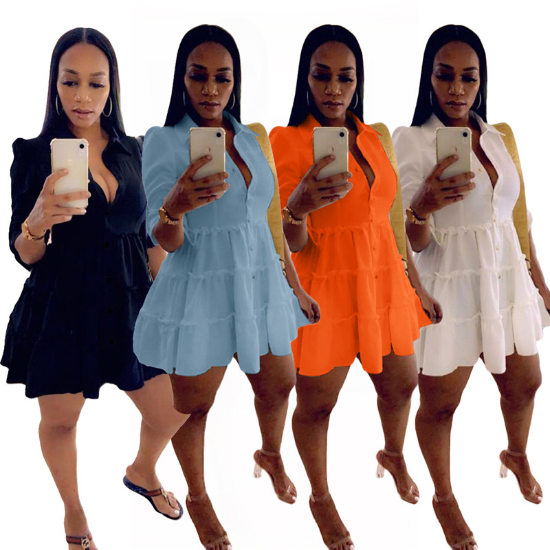 Solid Ruffles Shirt Dress Women Streetwear Half Sleeve Buttons Up High Waist Mini Dress Summer Casual Party Dresses