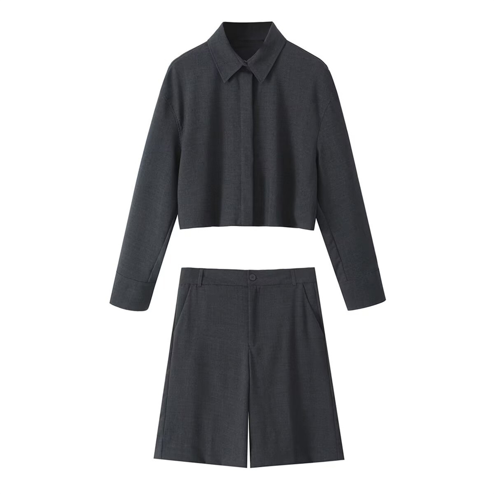 Autumn New Product Women's Clothing Style Long Sleeve Collar Short Shirt High Waist Versatile Shorts Casual Set