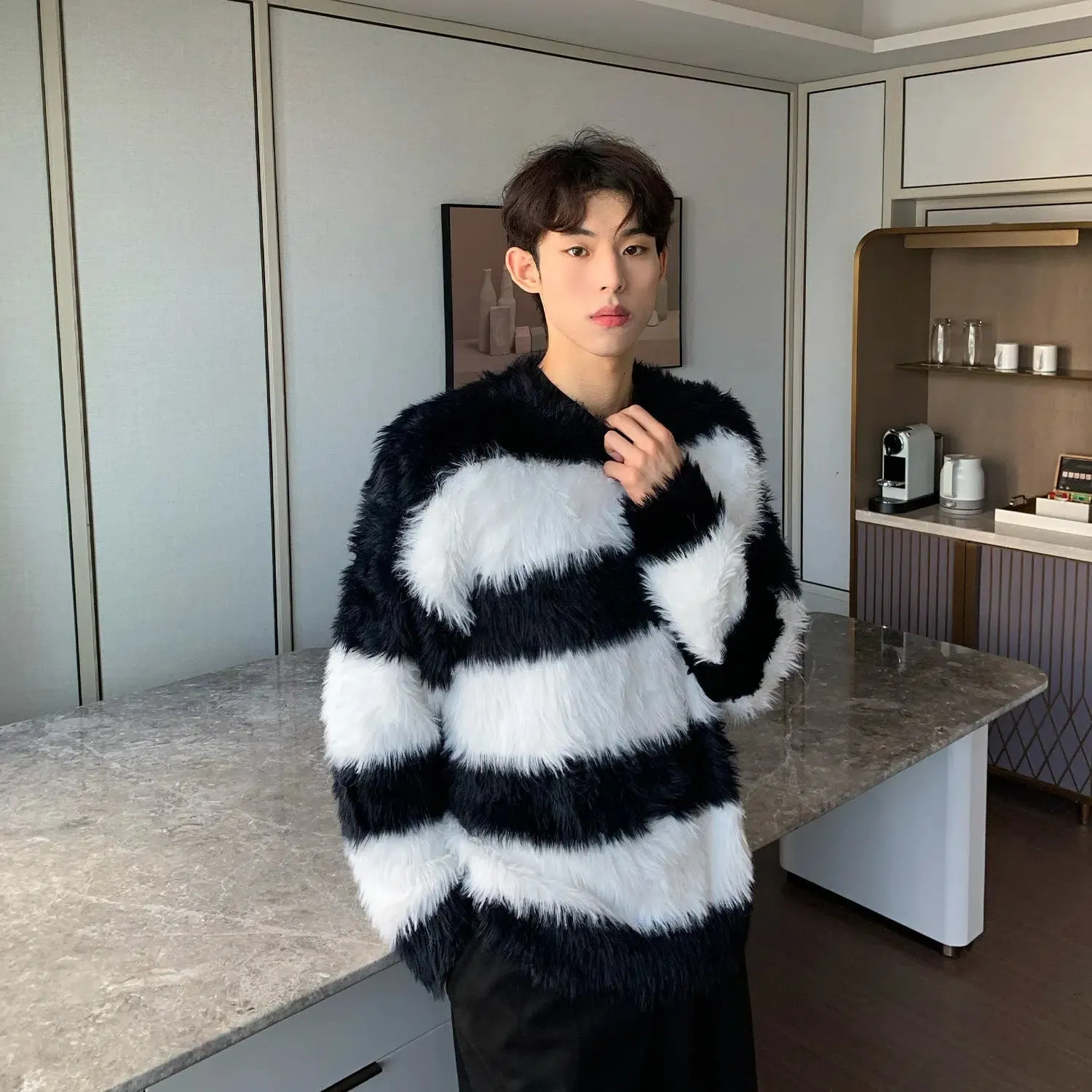 Maxct Faux Mink Plush Striped Sweater