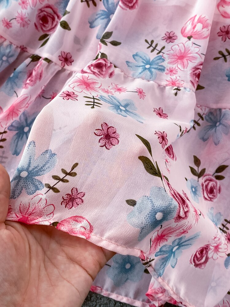 Maxct Floral Midi Dress Women Elegant V-Neck Lantern Long Sleeve High Waist Draped A-Line Casual Vestidos Female Spring Autumn