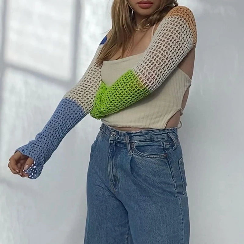 Maxct Sexy Crop Top Y2K Patchwork Crocheted Shawl Long Sleeves Mini Cover-ups Knitted Hollow Out T-shirt Women Fashion Streetwear