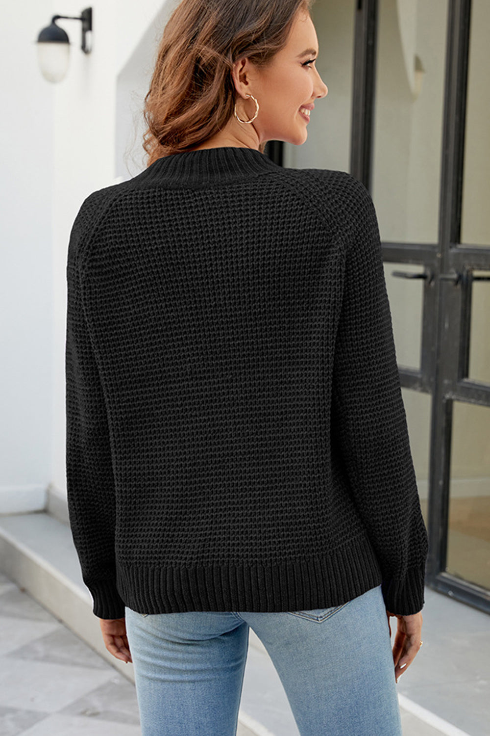 Maxct &Waffle-Knit Round Neck Reglan Sleeve Sweater