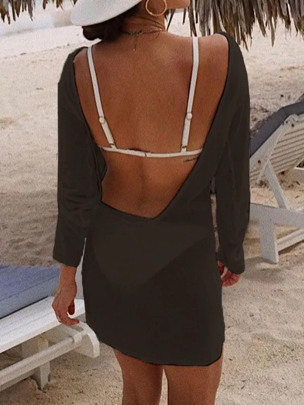 White Backless Long Sleeve Cover Up Dress Maxct