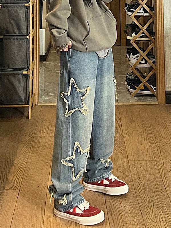 Vintage Wash Distressed Star Patch Boyfriend Jeans Maxct