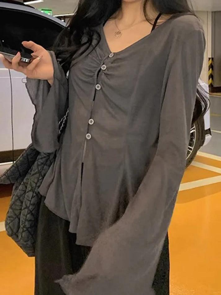 Maxct V Neck Split Flare Sleeve Long Sleeve Blouse