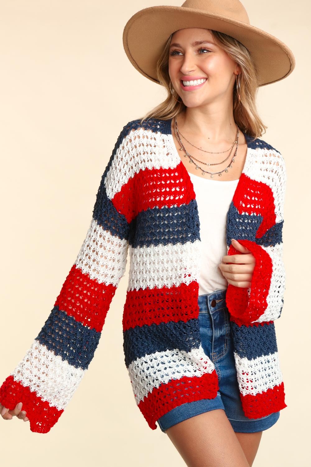 Maxct &Haptics Full Size Open Front Long Sleeve Stripe Cardigan