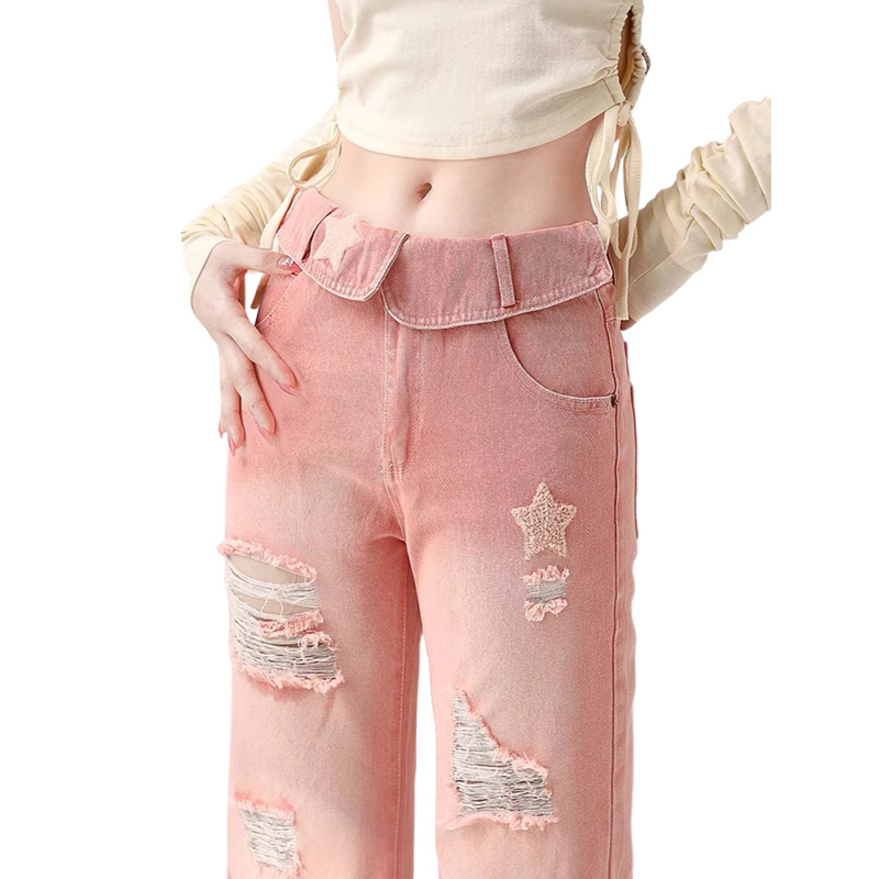 Pink Star Denim - Y2K High Waist Distressed Jeans for Women - true deals club