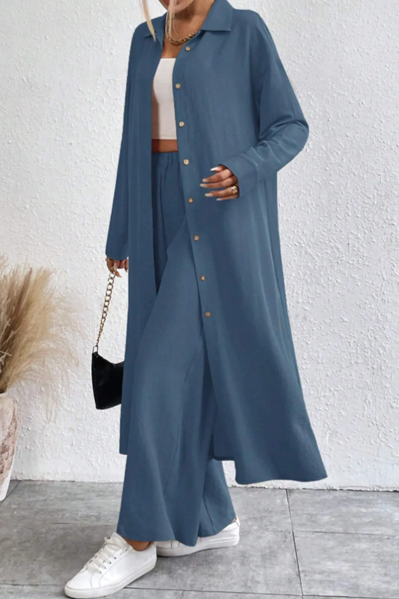 Maxct Solid Long Shirt Wide Leg Pants Set