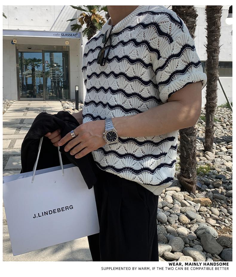 Maxct 90s Streetwear Men's T-shirt Short-sleeved Summer Trendy Brand High-grade Sense Heavy Industry Hollow Knitted Sweater Jacquard Wave Striped T-shirt Top
