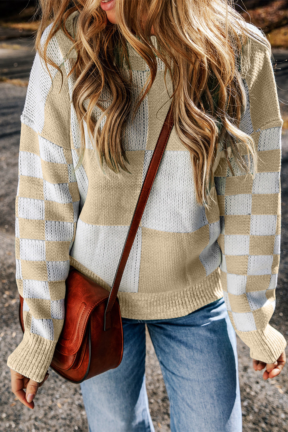 Maxct &Checkered Round Neck Drop Shoulder Sweater