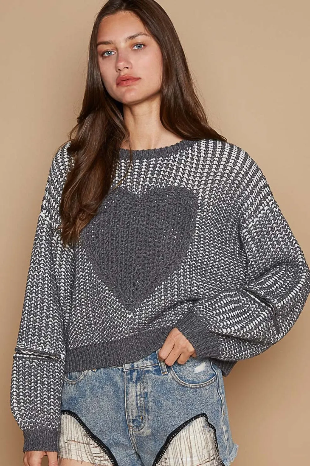 Maxct &POL Round Neck Heart Patch Zipper Point Sleeve Sweater