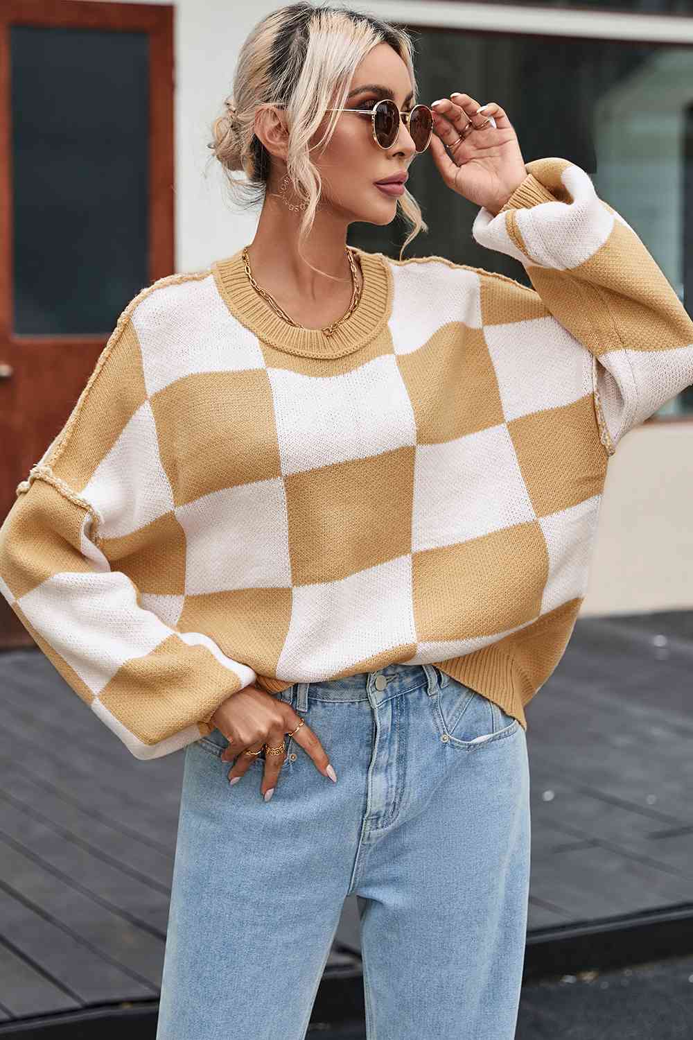 Maxct &Checkered Exposed Seam Drooped Shoulder Sweater