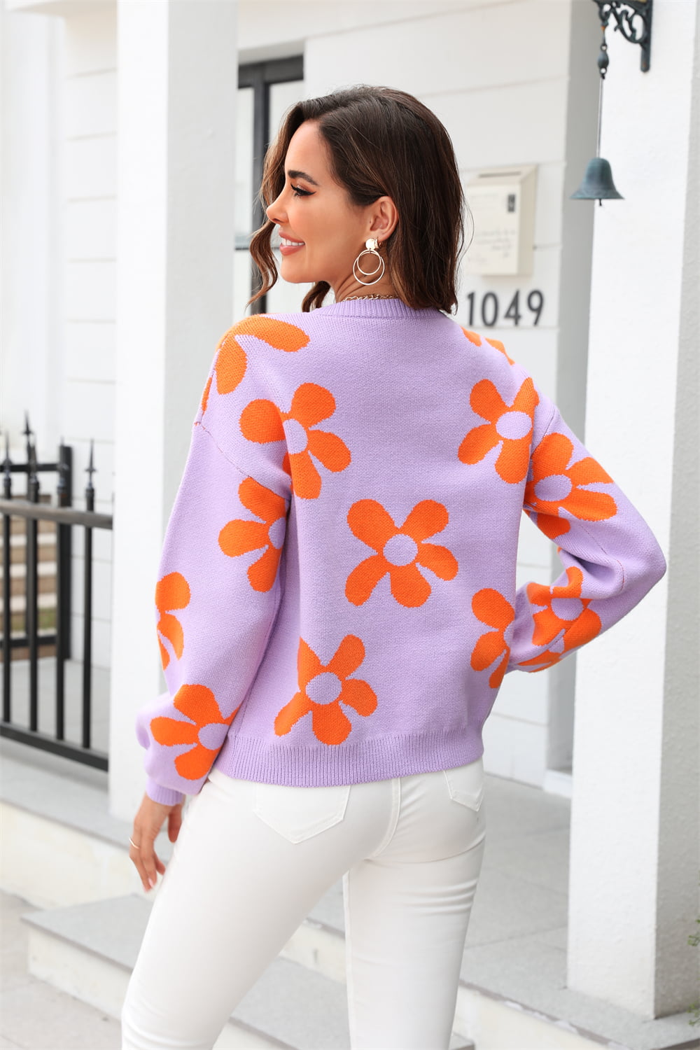 Maxct &Floral Print Round Neck Dropped Shoulder Pullover Sweater