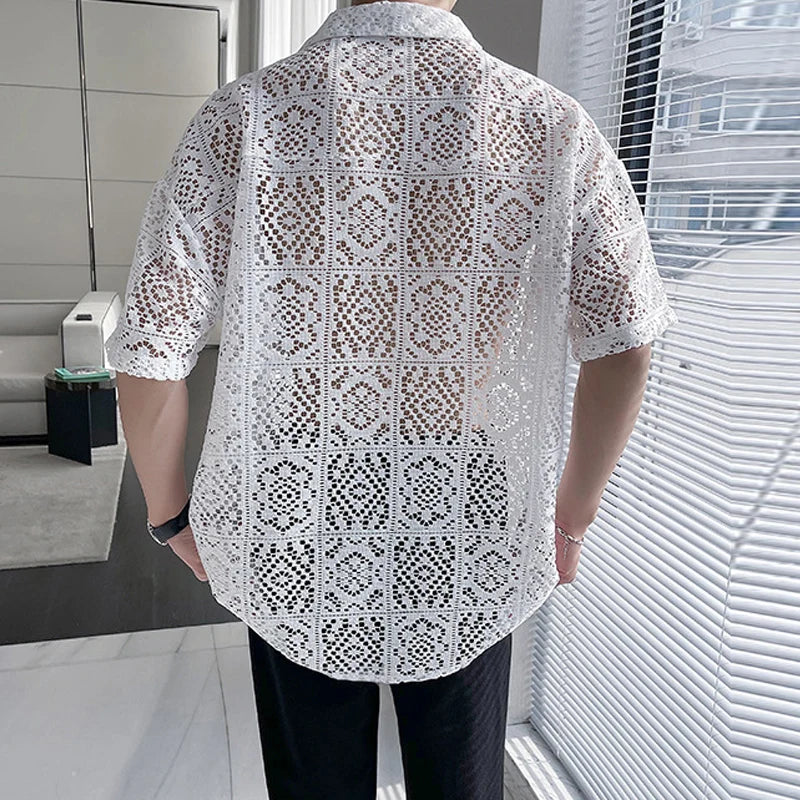 Maxct Summer New Casual Hollow Out Shirts Men Sexy See Through Breathable Shirt For Mens Fashion Solid Color Lapel Buttoned Cardigans