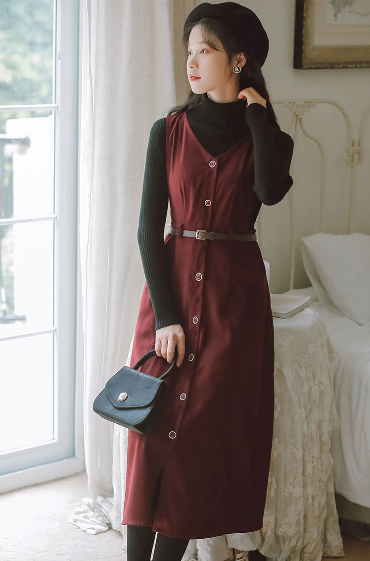 Button Up Suede Pinafore Dress Maxct